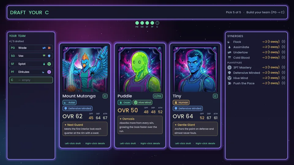 The draft screen: three character cards with portraits, ratings and abilities, next to the team roster and a synergy panel