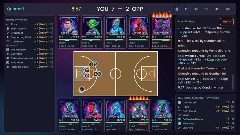 A game in progress: quarter clock and score, both teams' player cards, the top-down court, live play-by-play and both squads' synergy panels