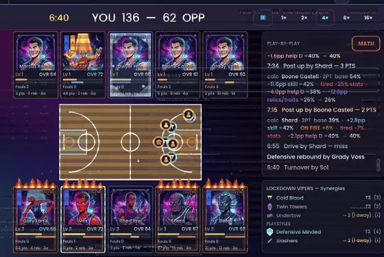 Animated clip of a Cosmic Crossover game in progress: play-by-play text, the top-down court, and player cards reacting