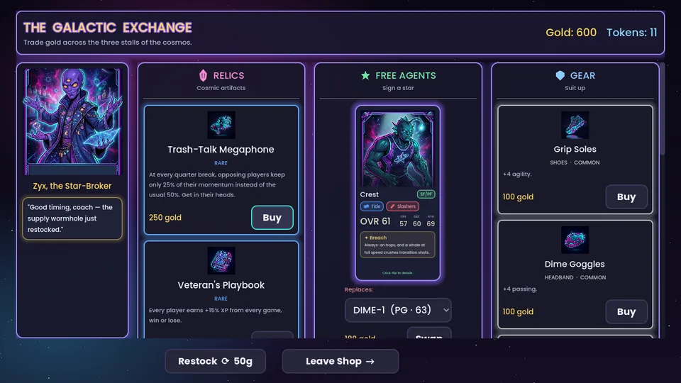 The Galactic Exchange shop: stalls for relics, free agents and gear, with gold and token counts