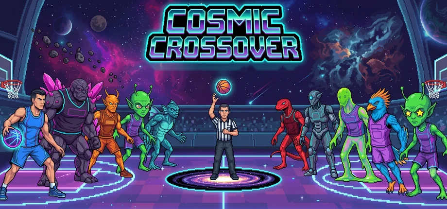 Cosmic Crossover: Roguelike Basketball key art, showing a lineup of alien and mutant basketball players facing off on a neon court in deep space